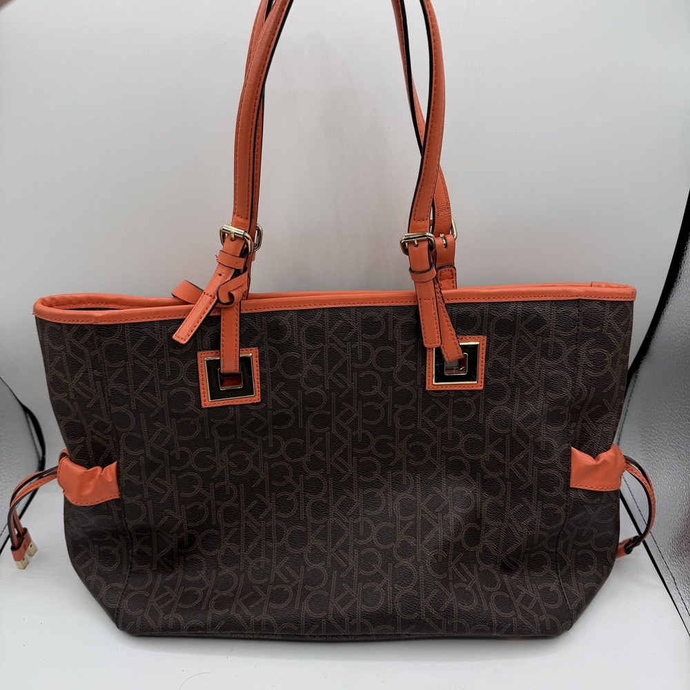 Calvin Klein Tote Bag Womens Large Brown Orange Logo Monogram Shoulder Purse CK - Picture 2 of 11